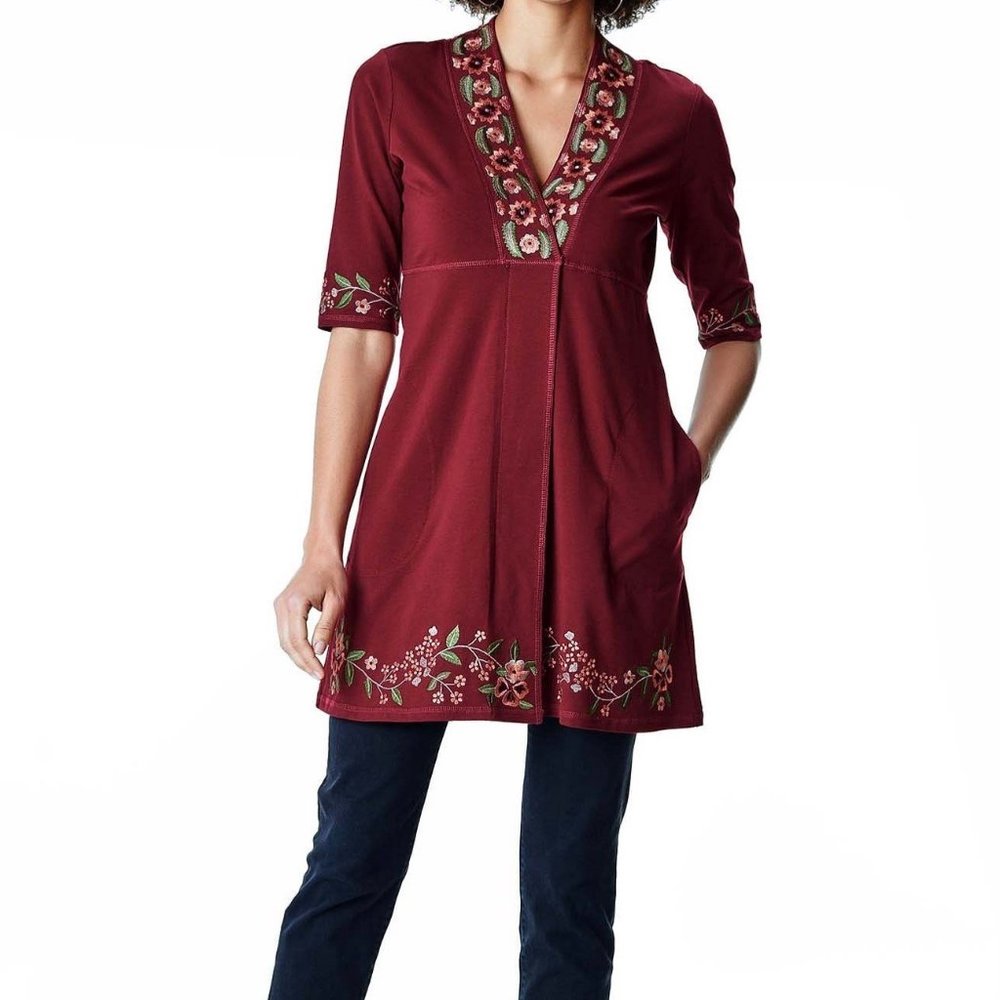 Wayward Fancies eShakti Burgundy Floral Embroidery Empire Tunic Top Large